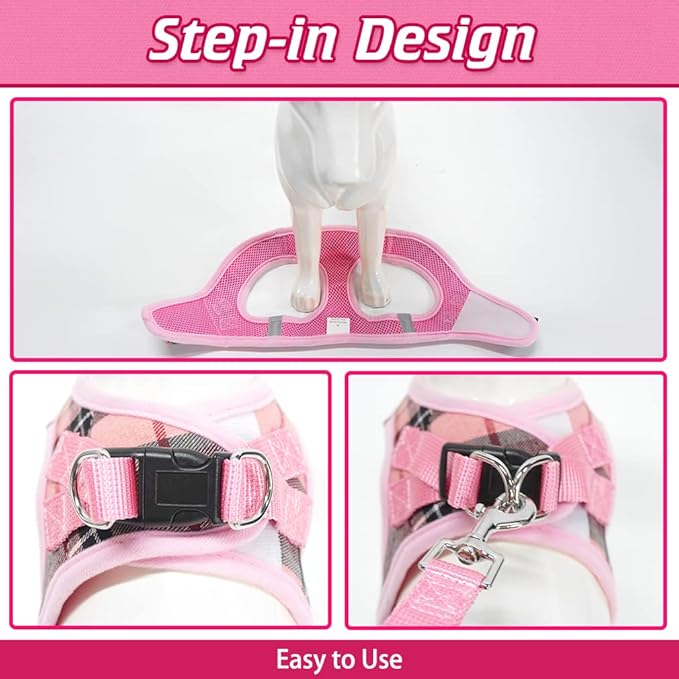EXPAWLORER Classic Plaid Puppy Harness - Large Dog Collar and Leash - Soft Mesh Padded Adjustable Dog Vest Harness No Pull, Reflective Escape Proof for Outdoor Walking, Pink Large