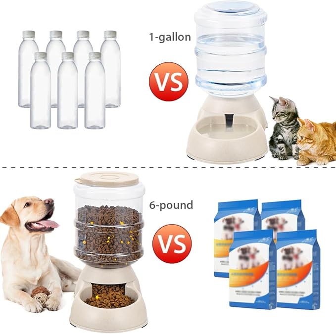 2 Pack Automatic Cat Feeder and Water Dispenser in Set Pet Food Bowl for Small Medium Dog Pets Puppy Kitten Big Capacity 1 Gallon x 2 (Cream)
