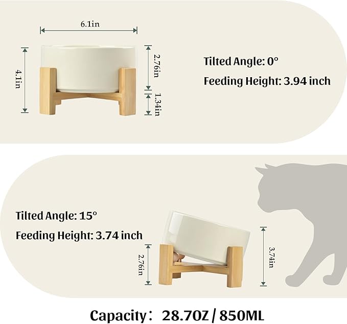 SPUNKYJUNKY 15° Slanted Ceramic Dog and Cat Bowl with Wooden Stand, Tilted Bulldog Food and Water Bowl No Slip Non-Spill for Cats Medium Dogs Big Face Pets 28.7 OZ (3.6 Cups, Beige)