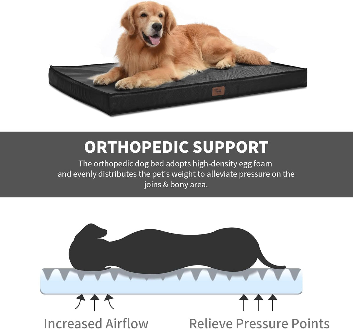 Orthopedic Dog Bed for Large Dogs, Big Waterproof Washable Dog Bed for Large Sized Dogs with Egg Crate Foam Pet Bed Mat, Removable Oxford Cooling Cover, Black