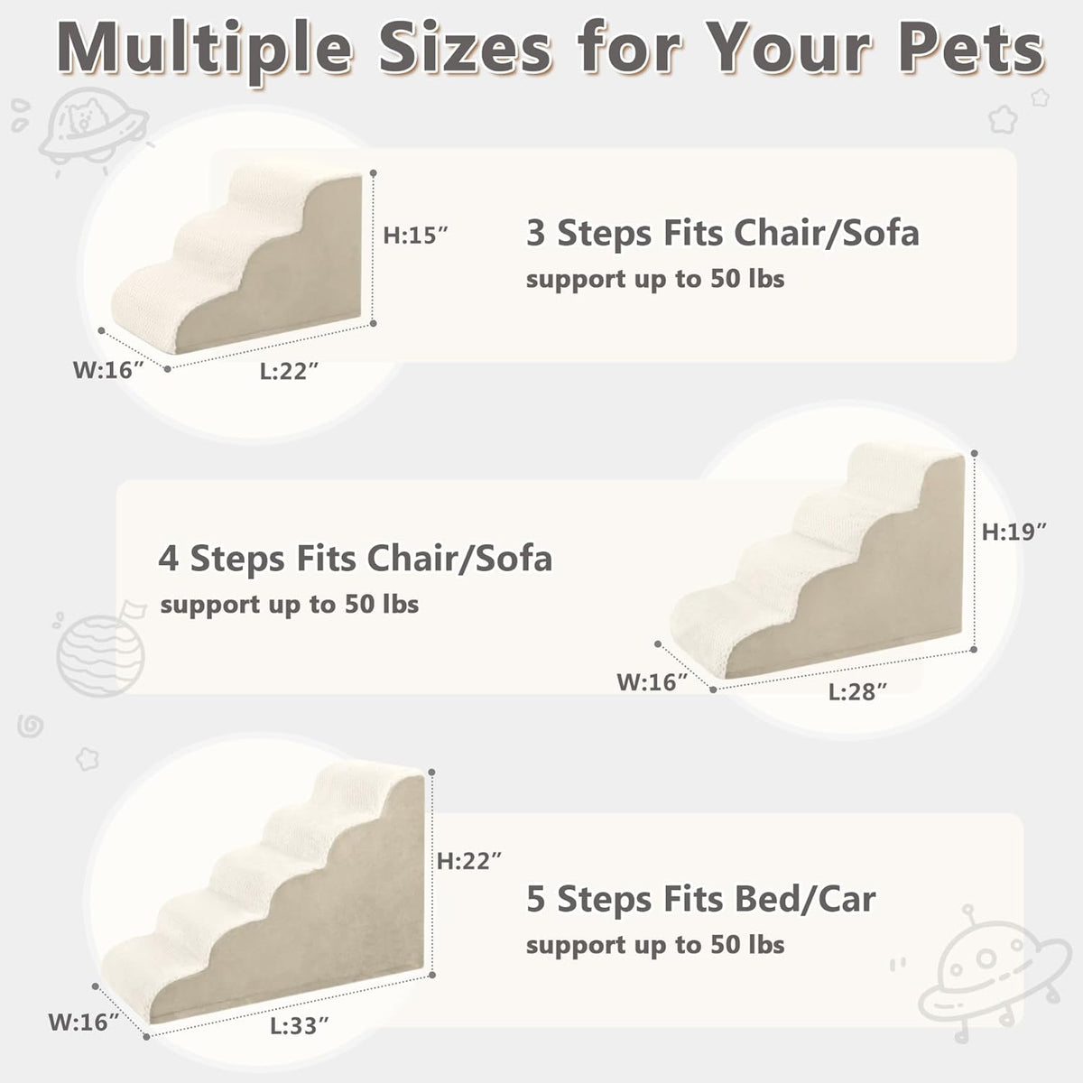 MIHIKK Dog Stairs Ramp, Curved 5-Step Dog Steps for Small Dogs and Cats, Pet Stairs for High Beds and Couch with Anti-Slip Washable Cover and Durable High Density Foam, Beige