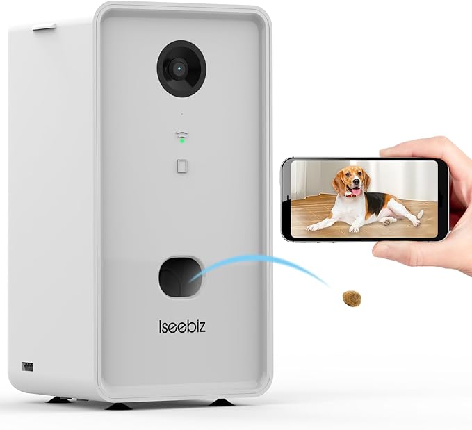Iseebiz Pet Camera Treat Dispenser, 2.4G & 5G WiFi Dog Camera with 2 Way Audio Talk Listen, 1080P Night Vision Cat Dog Cam, App Control Tossing, Multi Devices Login, Compatible with Alexa, Upgraded