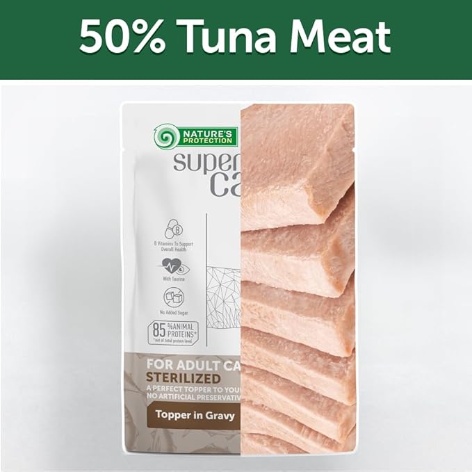 Nature's Protection Wet Cat Food in Gravy - High Protein, Natural & Soft Tuna Fish Shreds for Sterilized Adult Cats - Can-Free Convenient Pouches 2.46-oz (Superior Care - 24 Pack)