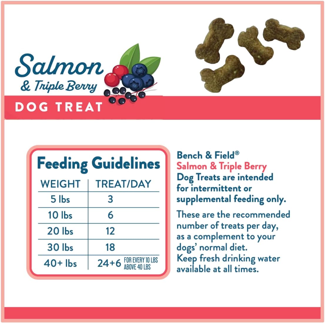 Bench & Field Holistic Natural Salmon & Triple Berry Dog Treats | Crunchy Bone-Shaped Bites | Antioxidant Blend, 10-Ounce Bottle