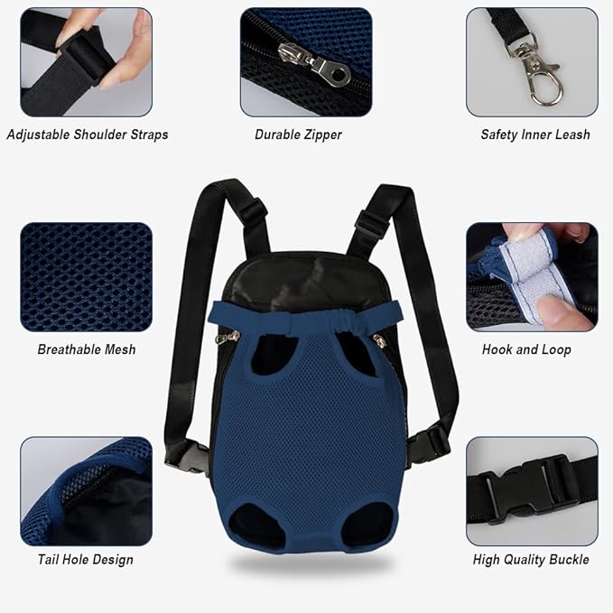 FEimaX Dog Carrier Backpack Pet Legs Out Front Cat Travel Bag, Adjustable Puppy Backpacks Carriers Hands-Free for Small Medium Dogs Cats Hiking Traveling Camping Daily Walking (Small, Navy)