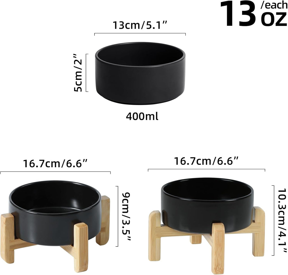 Ceramic Raised Dog and Cat Bowl Set, 2 Heights Elevated Stand, Food and Water Bowl for Small Breed Dogs, Cats, Kitty, Weighted Dog Dishes, Pet Bowls(5.1'',13.5oz, Black)