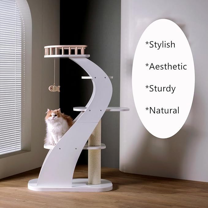 SHENGOCASE Modern Stylish 52.4 inches Tall Wooden Cat Tree Tower, Aesthetic Cat Condo Ladder with 5-Level Big Perch Platform Bed for Window Viewing Watching Large Scratching Post