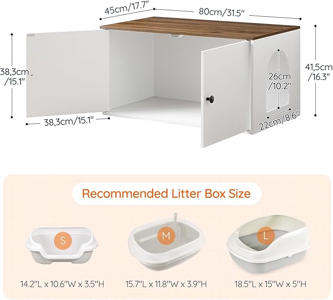 HOOBRO Cat Litter Box Enclosure, Hidden Litter Box Furniture with Side Entry, Litter Box Cabinet, Indoor Cat House, End Side Table, 31.5" L x 17.7" W x 16.3H, for Bathroom, White and Walnut WH40MW01