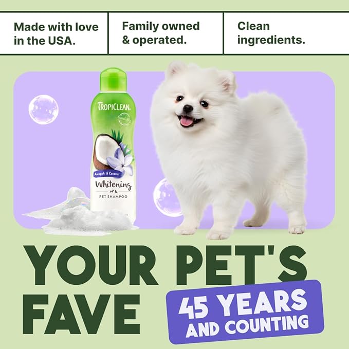 TropiClean Whitening Dog Shampoo, Whitening & Brightening, For All Coat & Color Types, Puppy Safe, Made in the USA, Cat Friendly, 20oz.
