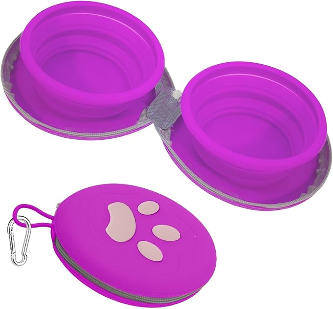 Collapsible Dog Bowls, 2-in-1 Silicone Pet Food and Water Bowl with Carabiner, Portable Double Compartment Dish for Travel, Camping, Hiking Puppy Essentials (Purple)