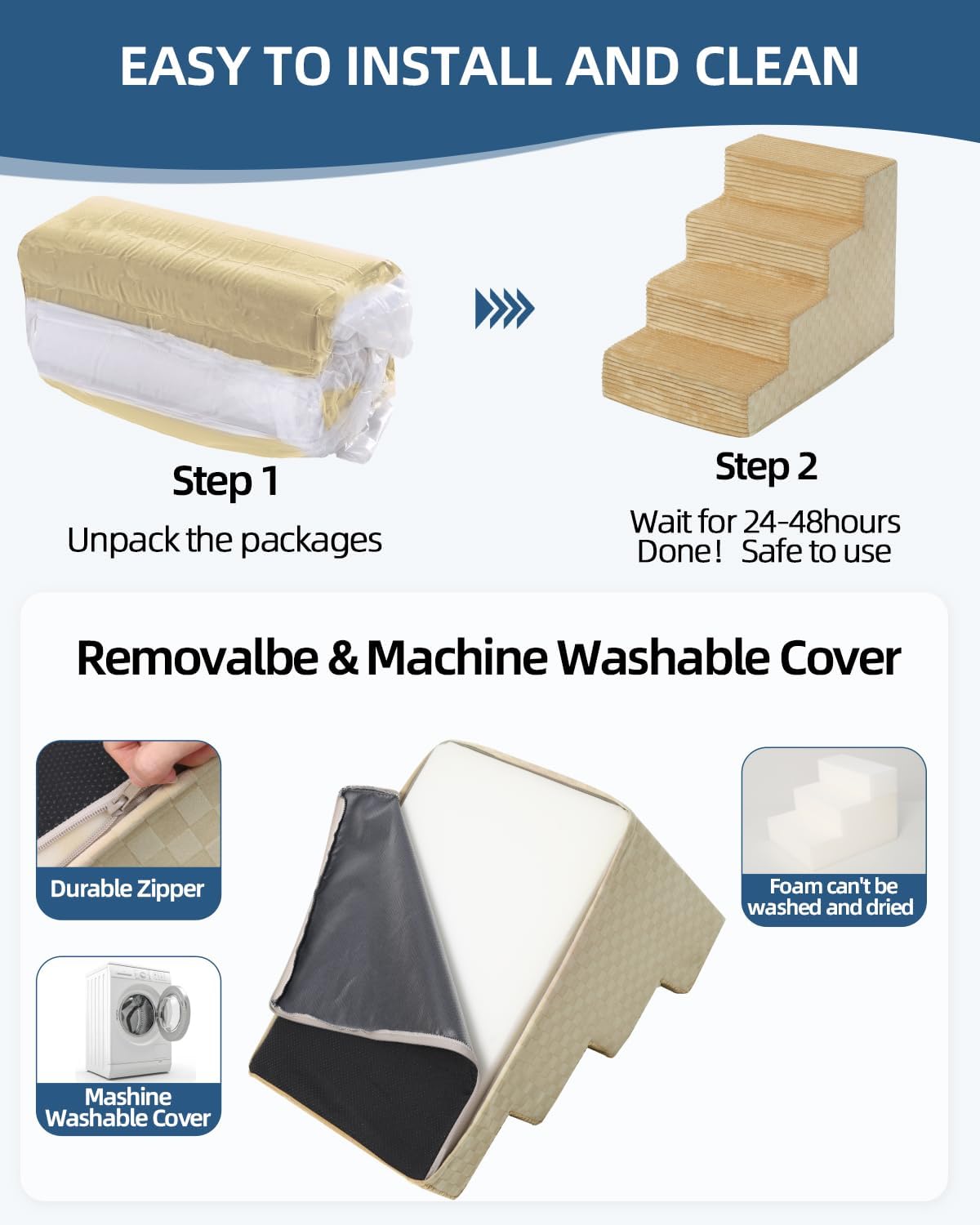 Dog Stairs for Small Dogs,13" H,3-Step Dog Steps for Bed and Couch with High Density Foam,Non-Slip Pet Steps for Doggy and Cat,Pet Stairs with a Washable Cover,Khaki