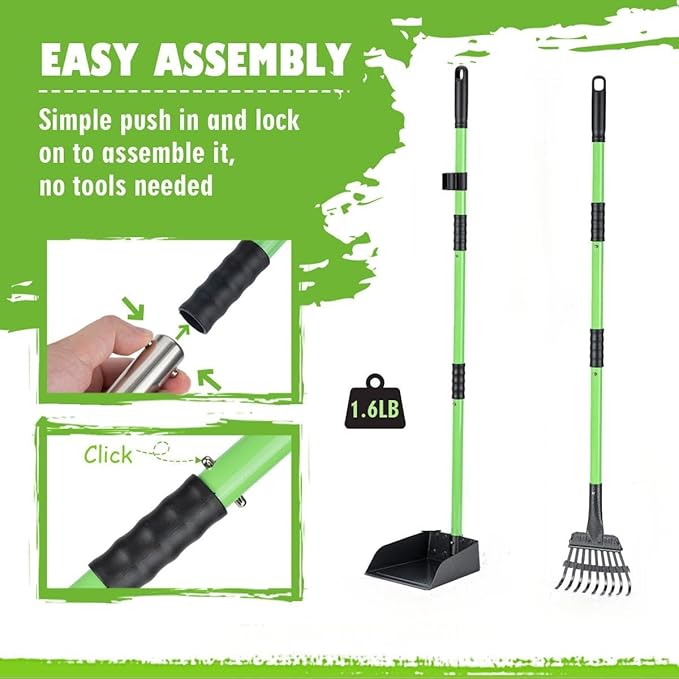 MXF Dog Pooer Scooper Set, 2 in 1 Pet Poop Scooper with Long Handle 28" Dog Poop Picker Upper and Stainless Metal Tray & Rake for Medium & Small Dogs, Heavy Duty for Grass, Dirt, Gravel