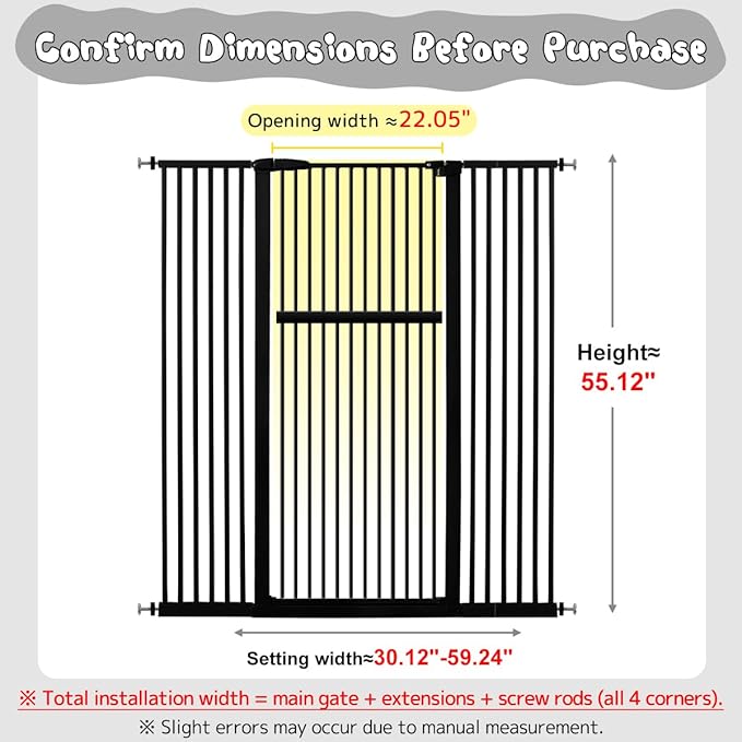 Lumizone Extra Tall Pet Gate 55.12" High Pressure Mounted 38.39"-59.24" Extra Wide (9 Sizes) 1.37" Gap for Cat Dog Stairs Doorway Hallway No Drilling Auto-Close (30.12"-59.24" W, Black)