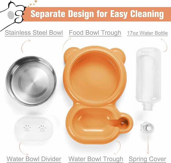 Dog Bowls, Cat Food and Water Bowl Set with Water Dispenser and Stainless Steel Bowl for Cats and Small Dogs - Orange