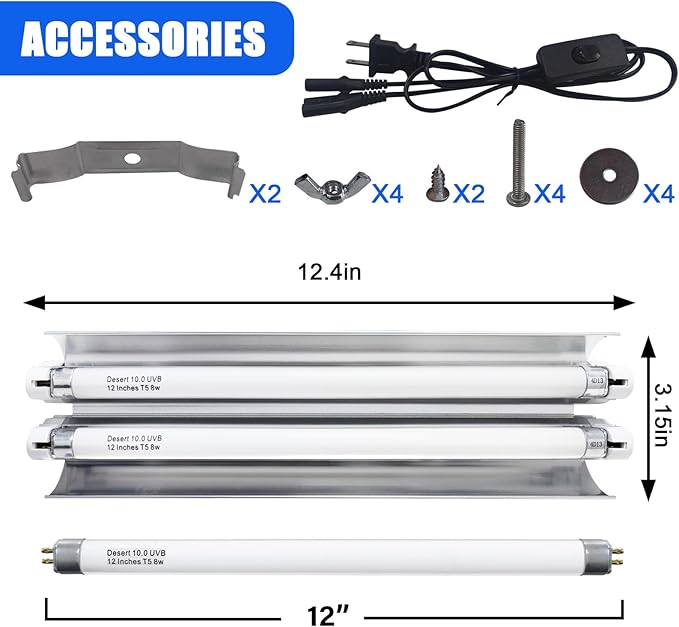 T5 Reptile Light Fixture Combo Kit 16 Watts, 12 Inches UVB Light 2x8 Watt, T5 10.0 UVB Reptile Light Fixture, Desert Reptile Light for Lizard, Bearded Dragon, Tortoise