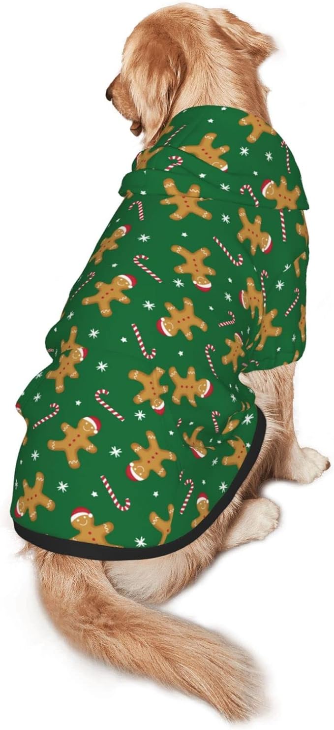 Green Christmas Gingerbread Men Candies Hoodie,Christmas Cosplay Dog Clothes with Pocket and Hat Winter Clothes Sweaters X-Large