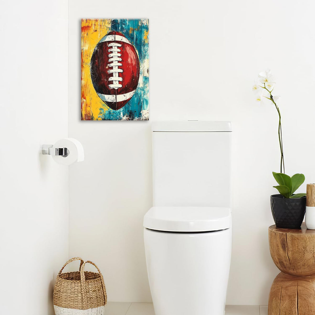 Graffiti Football Bathroom Pictures Wall Art, Rugby Sport Bathroom Wall Decor, Colorful Football Framed Painting Canvas Artwork for Bedroom Living Room Decorations 24"L x 16"W