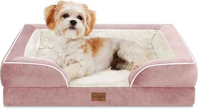 Comfort Expression Orthopedic Dog Bed for Medium Dogs 28x19 Inch, Waterproof Supportive Egg Crate Foam Medium Pet Bed with Removable Bolsters, Dog Couch with Washable Cover & Non-Slip Bottom, Pink