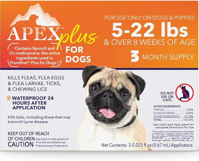 Apex Plus Flea and Tick Prevention for Dogs | Small (5-22 lbs) | 3-Month Supply | Dog Flea and Tick Treatment | 24-Hour Activation, Waterproof, 30-Day Protection