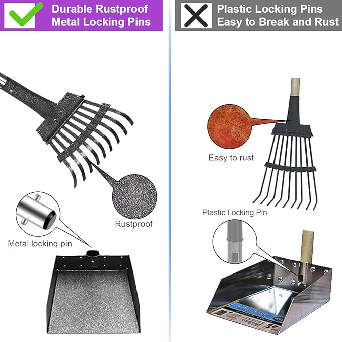 QiMH Upgraded Dog Pooper Scooper Extra Large, Adjustable Long Handle Stainless Metal Pet Poop Tray and Rake Set for Large Medium Small Dogs, Dog Waste Removal Bin Rake, Great for Grass, Street, Gravel