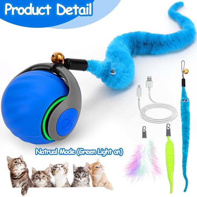 Interactive Cat Toy Ball - Speedy Cat Toys for Indoor Cats with Feather Tails for Chasing, Moving Stimulation Smart Cat Toy for Enrichment, Motion Activated Automatic Rolling Toys to Keep Them Busy