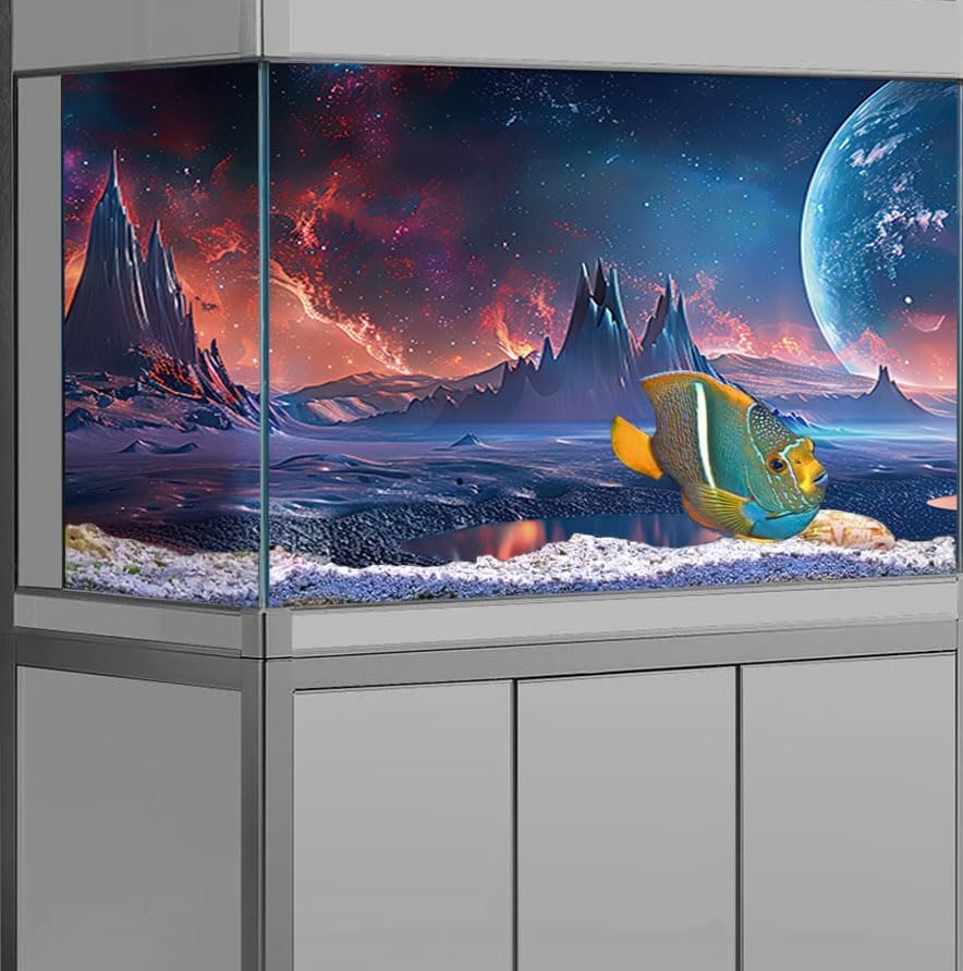 Scarlet Cosmic Aquarium Background,Cool Galaxy Parallel Space Themed Fish Tank Background, Tropical Desert Terrarium Background 24X16IN with 8 EVA Double-Sided Tape