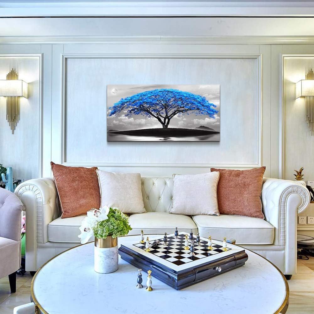 canvas wall art for living room bathroom Wall Decor Black and white landscape Blue tree moon painting to Hang Home Decorations for office bedroom kitchen Works canvas Prints pictures 24" x 48"inch