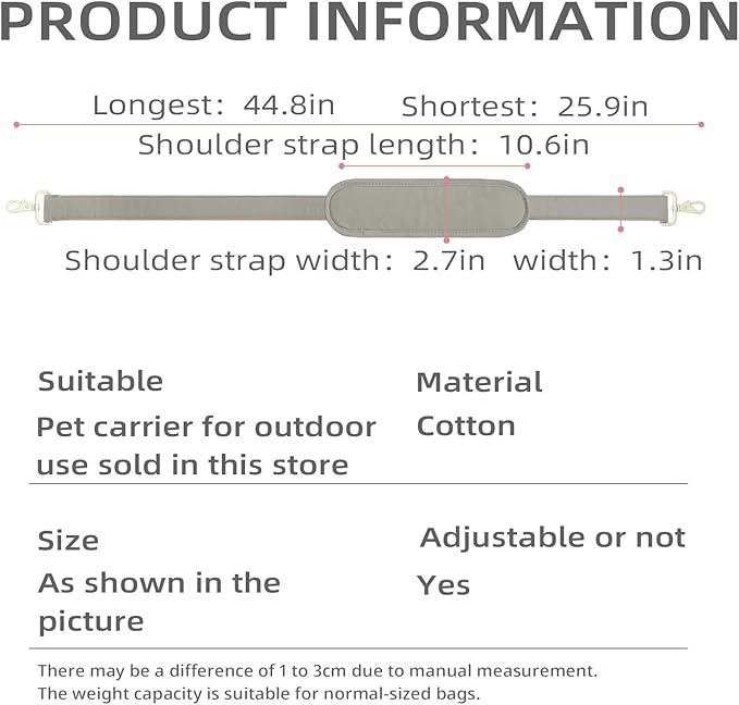 Pet Carrier Shoulder Strap - Lightweight and Comfortable Pet Carrier Accessory for Easy Travel - Reduces The Burden of Carrying Your Pet (Grey)