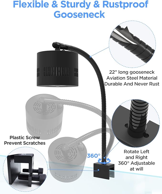 Lominie Aquarium LED Light 10 Gallon Fish Tank Light Timer Clip on Aquarium Lamp Full Spectrum 80W 6500k for Freshwater Refugium Cube Tank with Gooseneck