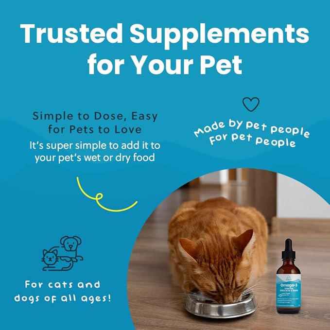 Wild-Caught Omega 3 Fish Oil for Dogs & Cats, Liquid EPA DHA Supplement for Skin, Coat, Joints & Heart, Low-Odor Omega 3 Drops for Small Dog Breeds & Cats with Itchy Skin, 2 oz