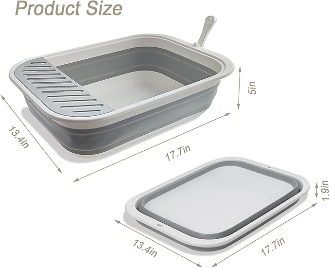 Collapsible Kitten Litter Box, 17.7 x 13.4 x 5 inch Open Cat Potty Pan with Scoop Foldable Shallow Cat Toilet Anti-Splashing Low Entrance Travel Litter Box with Falling Sand Pedal Grey
