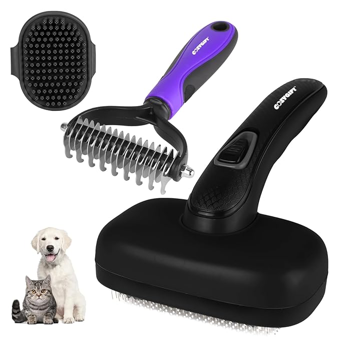 Dog Brush Kit – 3 PCS Grooming Set with Self-Cleaning Brush, Undercoat Rake & Pet Bath Brush. Great for Shedding, Tangles & Dirt Removal – Ideal for Long & Short Haired Dogs & Cats, Black