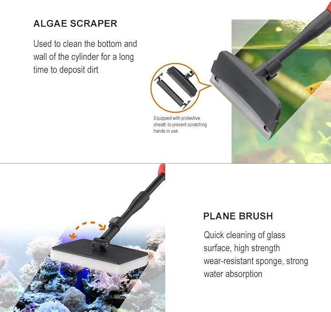 UPETTOOLS Aquarium Clean Tool 6 in 1 Fish Tank Cleaning Kit Algae Scraper Scrubber Pad Adjustable Long Handle Fish Tank Brush Cleaner Set