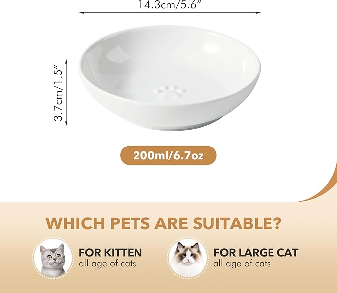 5.7'' Ceramic Wide Whisker Friendly Cat Dishes, Set of 3 Ceramic Cat Bowls, Indoor Kitten Feeding Food& Water Dish to Prevent Whisker Fatigue(3 Pcs,White)