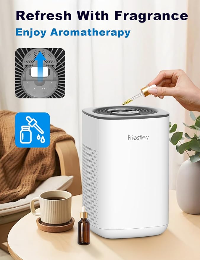 Priestley Small Air Purifiers for Home Bedroom Dorm Office Desktop, 20dB Quiet 3-in-1 HEPA Air Purifier with Essential Oil Diffuser, Air Filters Smoke, Allergies, Pet Dander, Odor, Dust