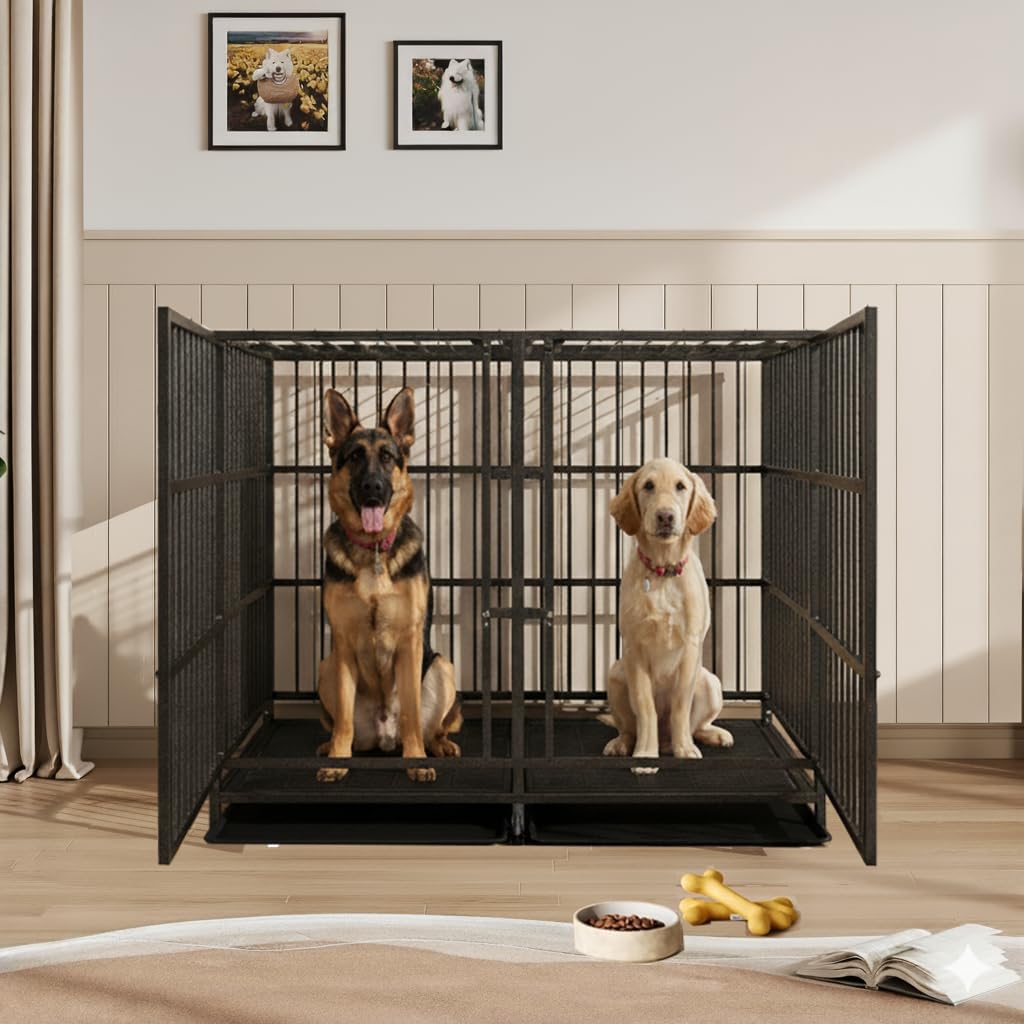 54 Heavy Duty Dog Crate Cage with Divider, Indestructible and Escape Proof Steel Kennel Indoor for High Anxiety Dogs with Removable Tray, Lockable Wheels, Double Door, Extra Large XL XXL