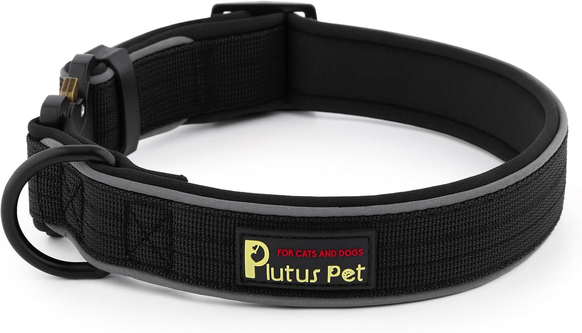 Plutus Pet Tactical Dog Collar, Reflective, Adjustable Heavy Duty Dog Collar, Soft Padded and Comfortable, for Small Medium and Large Dogs (Black, M)