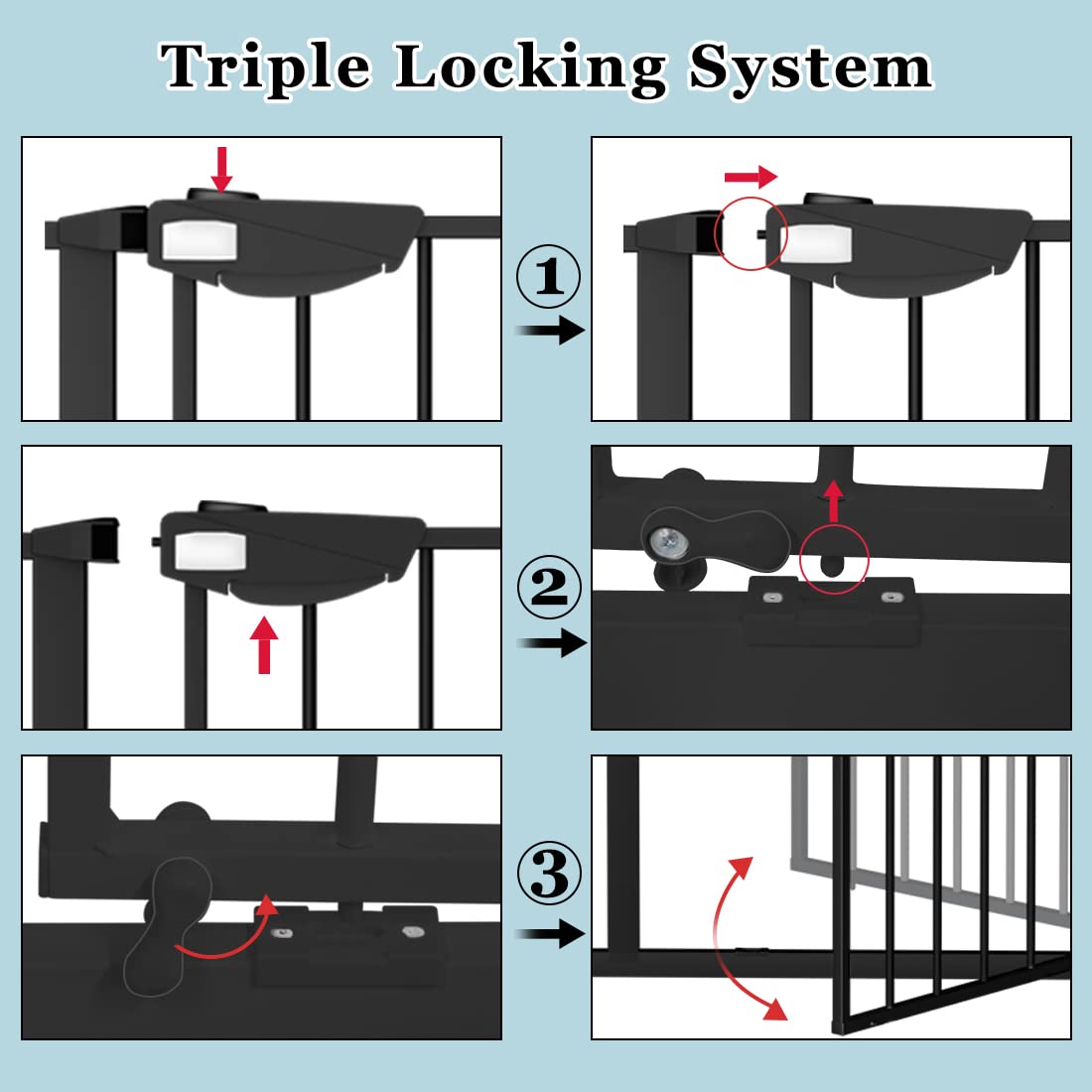 WAOWAO Triple Lock Baby Gate Extra Wide 31.1-35.04" Pressure Mounted Walk Through Swing Auto Close Safety Black Metal Dog Pet Puppy for Stairs,Doorways,Kitchen