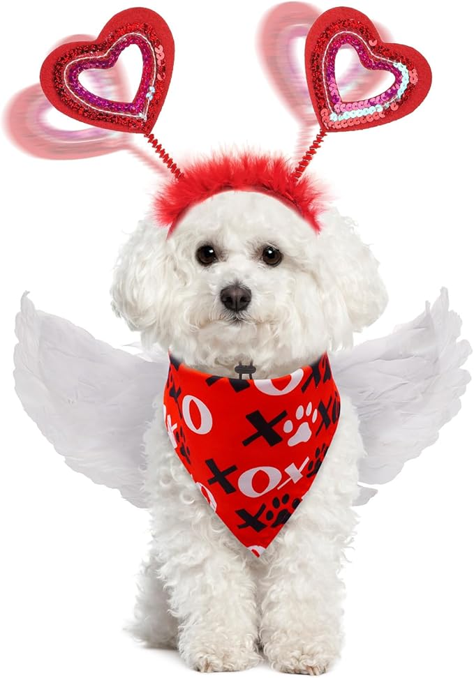 SCENEREAL Dog Outfit/Birthday Bandana with Feather Wing & Heart Headband Dogs Girls Set, Red Puppy Kitty Party Supplies for Small Medium Dogs Cats, Pet Costumes