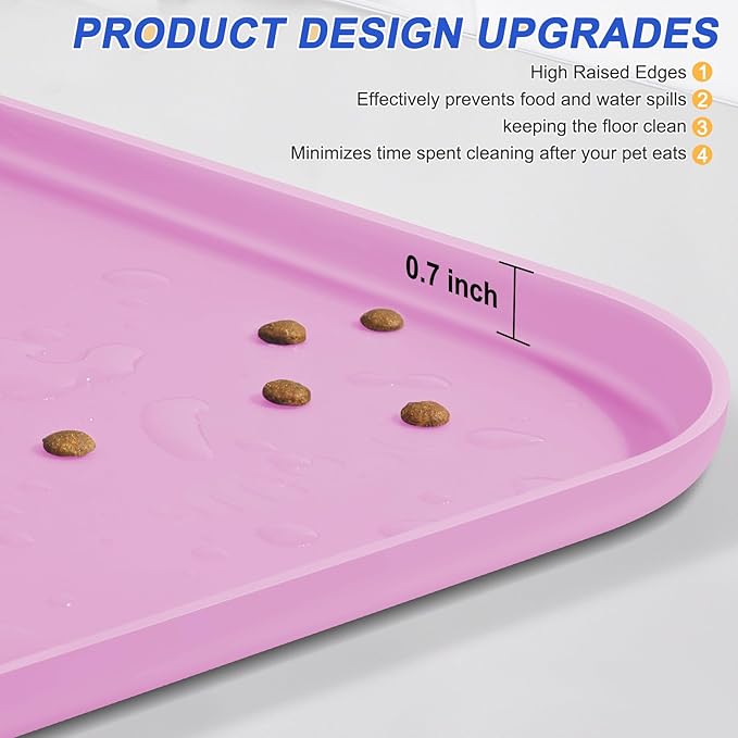 Silicone Pet Feeding Mat with Raised Edge for Food and Water, Dog Bowl Mats, Cat Bowls Placemat with High Lip for Floor Waterproof, Rubber Tray for Cats and Dogs 19 x 12 x0.7 Pink