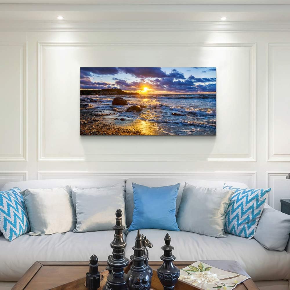 canvas wall art for living room bedroom Wall Decor blue ocean landscape painting Hang Home Decoration office bathroom kitchen sun beach sea golden Waves on the beach canvas art Prints pictures Works