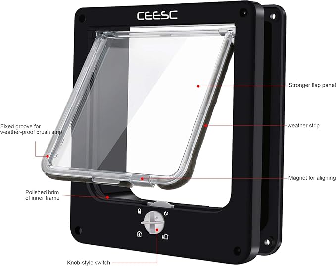 CEESC Large Cat Door for Interior/Exterior Door, Weatherproof, Black, Rotary 4 Way Locking Pet Door for Cats & Dogs with Circumference < 23.62", Upgraded Version
