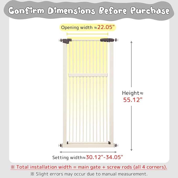 Lumizone Extra Tall Pet Gate 55.12" High Pressure Mounted 30.12"-34.05" Extra Wide (9 Sizes) 1.37" Gap for Cat Dog Stairs Doorway Hallway No Drilling Auto-Close (30.12"-34.05" W, Cream White)