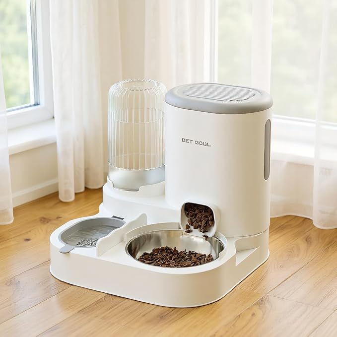 Automatic Cat Feeder & Water Dispenser - Dual Container for Dry/Wet Food, Two-in-One Upgraded Gravity Feeder and Water Dispenser Combo Set for Cats and Dogs. (Grey)