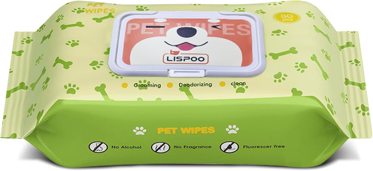 Pet Wipes -Cleaning and Grooming for All Pets, Alcohol-Free Portable Pack, Gentle for Face, Body, Paws and Butt-Thick Nonwoven Fabric-80 Count