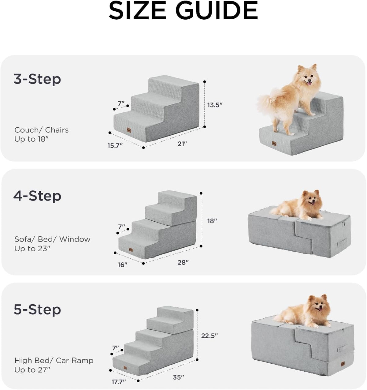 Made4Pets Dog Steps for Bed, Extra Wide Dog Stairs for High Bed Couch Sofa, 35D Foam Pet Steps for Small Dogs and Cats, Non-Slip Bottom Pet Stairs, Light Grey, 4 Steps