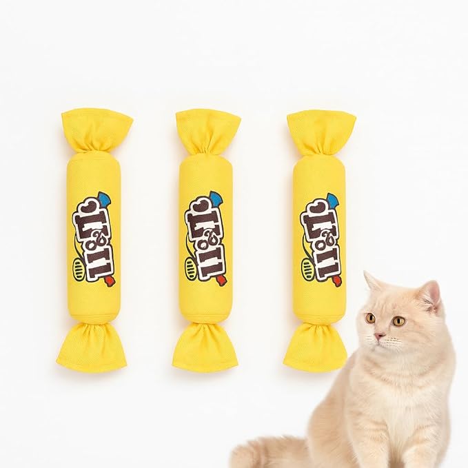 Catnip Candy Toys for Indoor Cats – 3-Pack Crinkle Cat Toys with Catnip Pouches, Durable Canvas & Soft Filling, Cat Chew Toys for Kittens & Adults (Yellow)