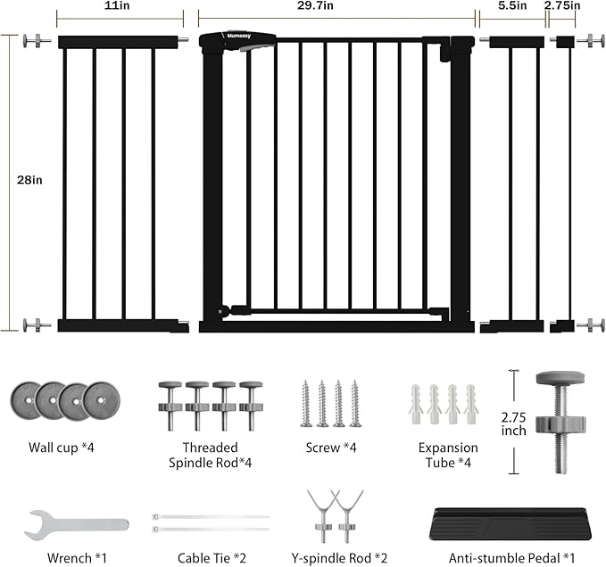 Mumeasy 29.7–51 Inch Extra Wide Baby Gate for Stairs, Extra Long Indoor Dog Gate for Doorways, Pressure Mounted Walk Thru Child Gate with Auto-Close, No-Drill Safety Pet Gate with Door for House,Black