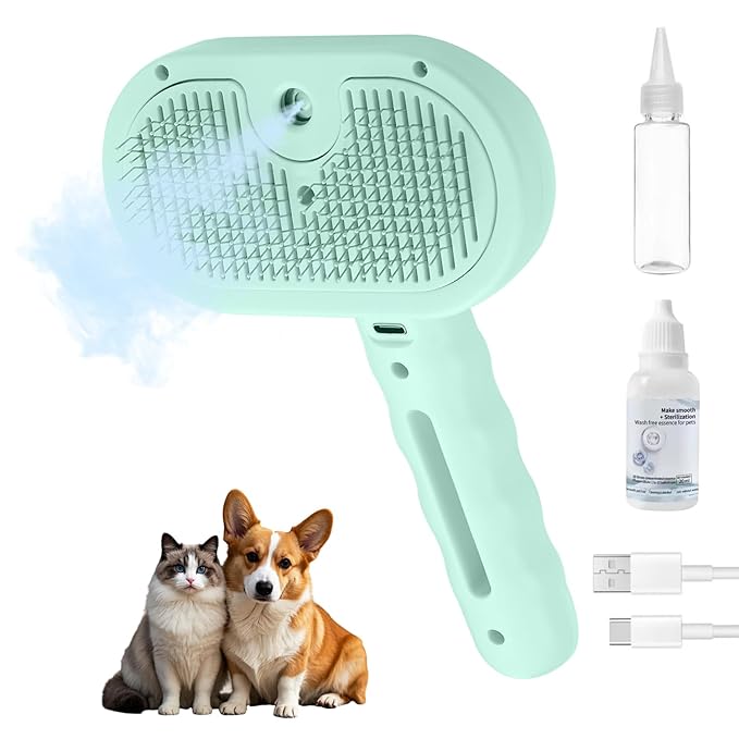 3-in-1 Pet Steam Brush, Grooming Comb with Water Tank for Cats and Dogs, Long and Short Hair (Green)