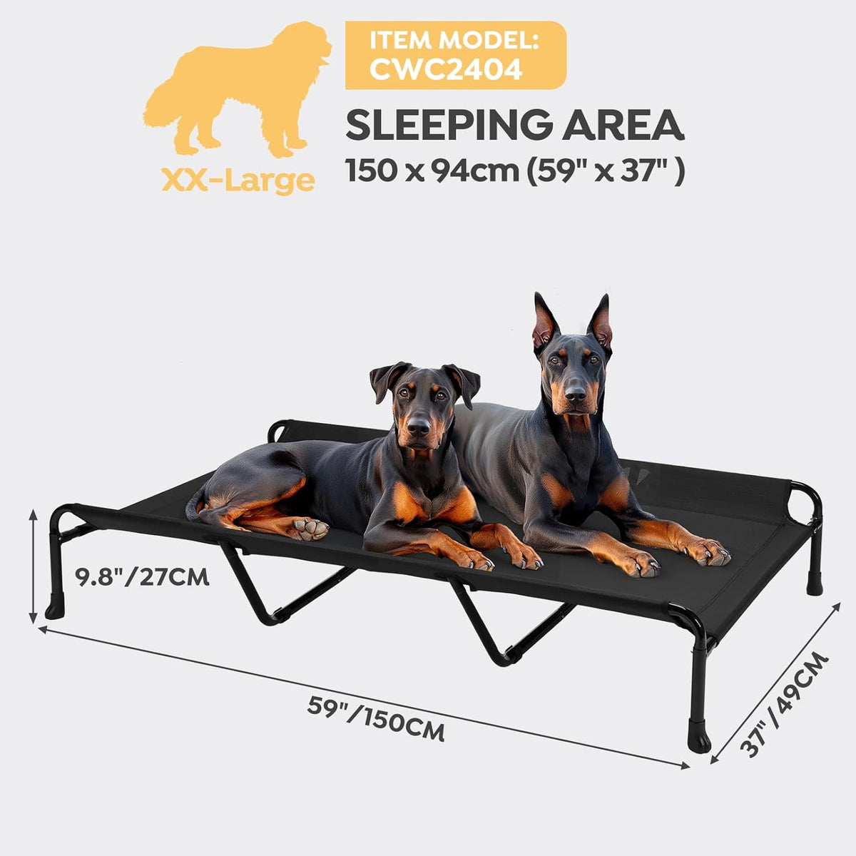 Veehoo Cooling Elevated Dog Bed, 59" x 37" Raised Dog Beds for Large Dogs, Outdoor Dog Bed with Guardrail, Upgraded Non-Slip Feet, Breathable Teslin Mesh, Portable Camping Dog Cot, Black